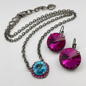 Blue Fuchsia Rivoli Sparkling Rhinestone Necklace Earring Set Similar to Sabika